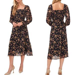NWT 1.State Autumn Vines Floral Long Sleeve Midi Dress in Black Multi | XL
